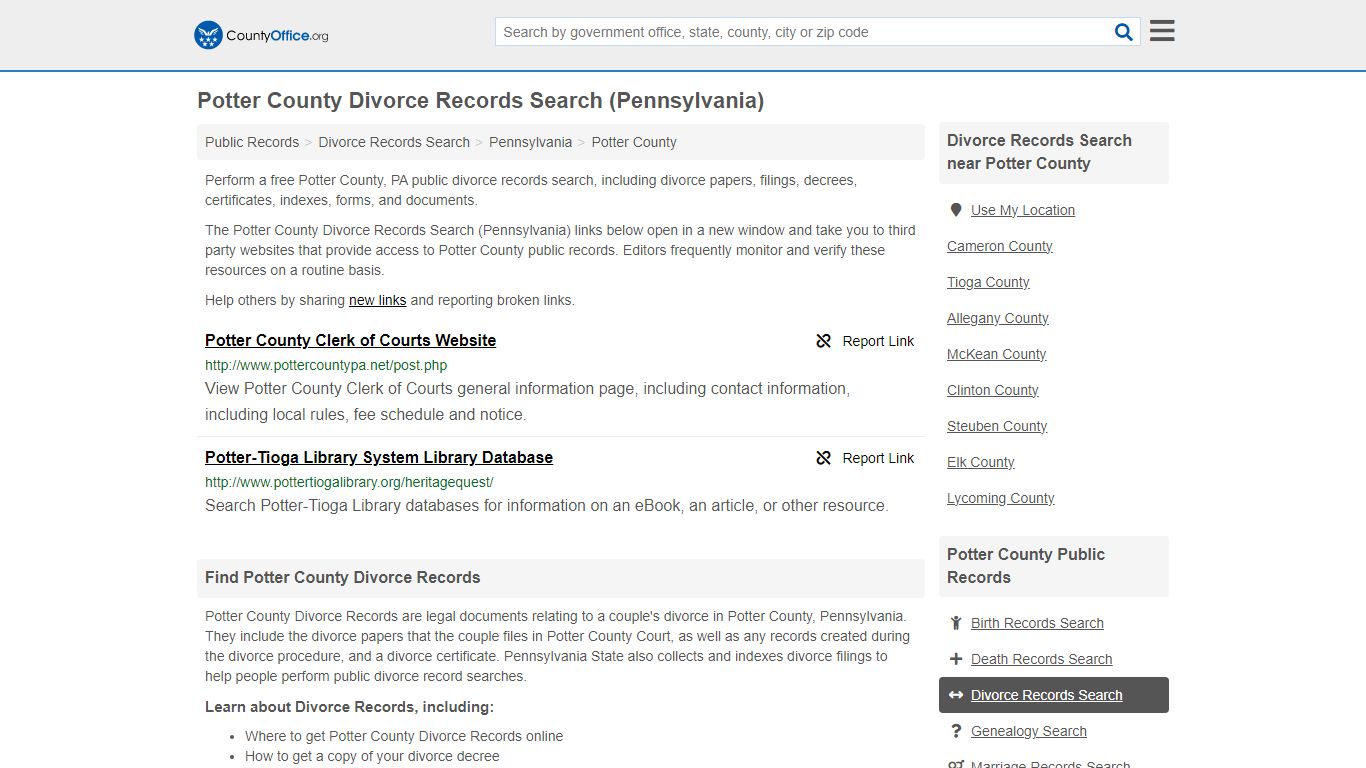 Potter County Divorce Records Search (Pennsylvania) - County Office